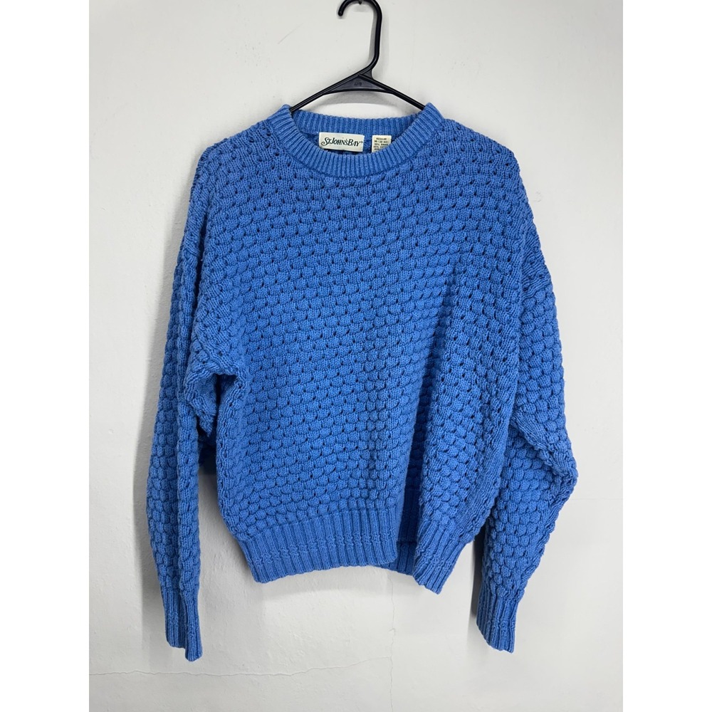 VTG 100% Ramie/Cotton St. John's Bay Sweater MEDIUM Blue Popcorn Knit Crew Neck